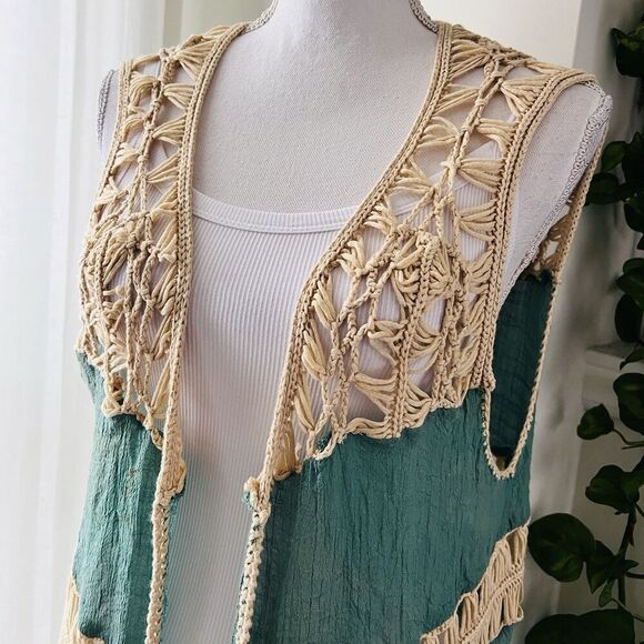 Papaya Blue & Cream Lacy Fringe Boho Hippie Gypsy Cardigan Festival Concert Med - Picture 7 of 11